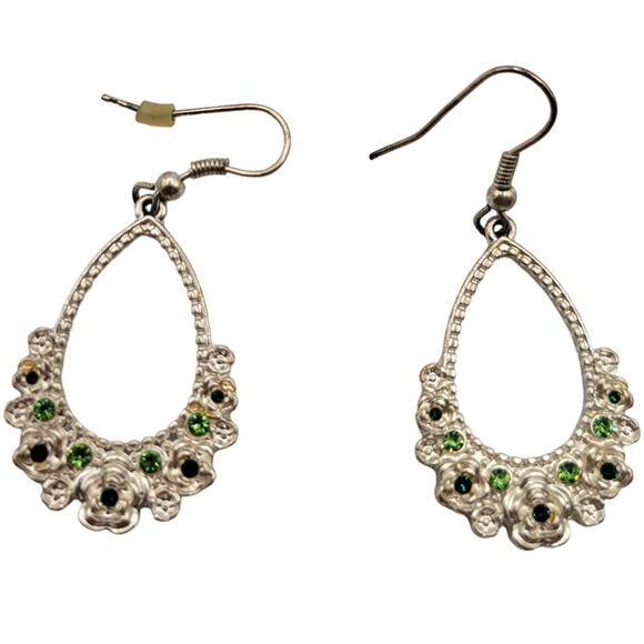 Vintage Y2K French Hook Dangle Earrings Silver Tone Green Rhinestones - Picture 1 of 3